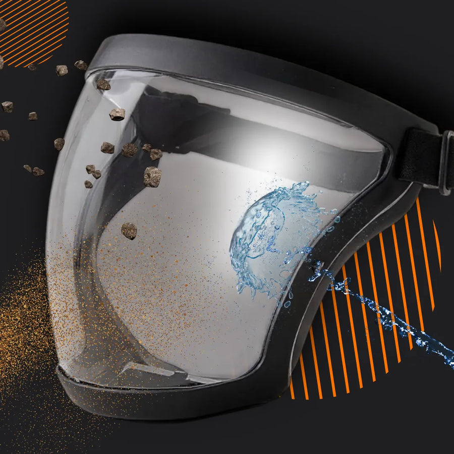 Protective face shield mask deflecting water, dust, and debris on black background