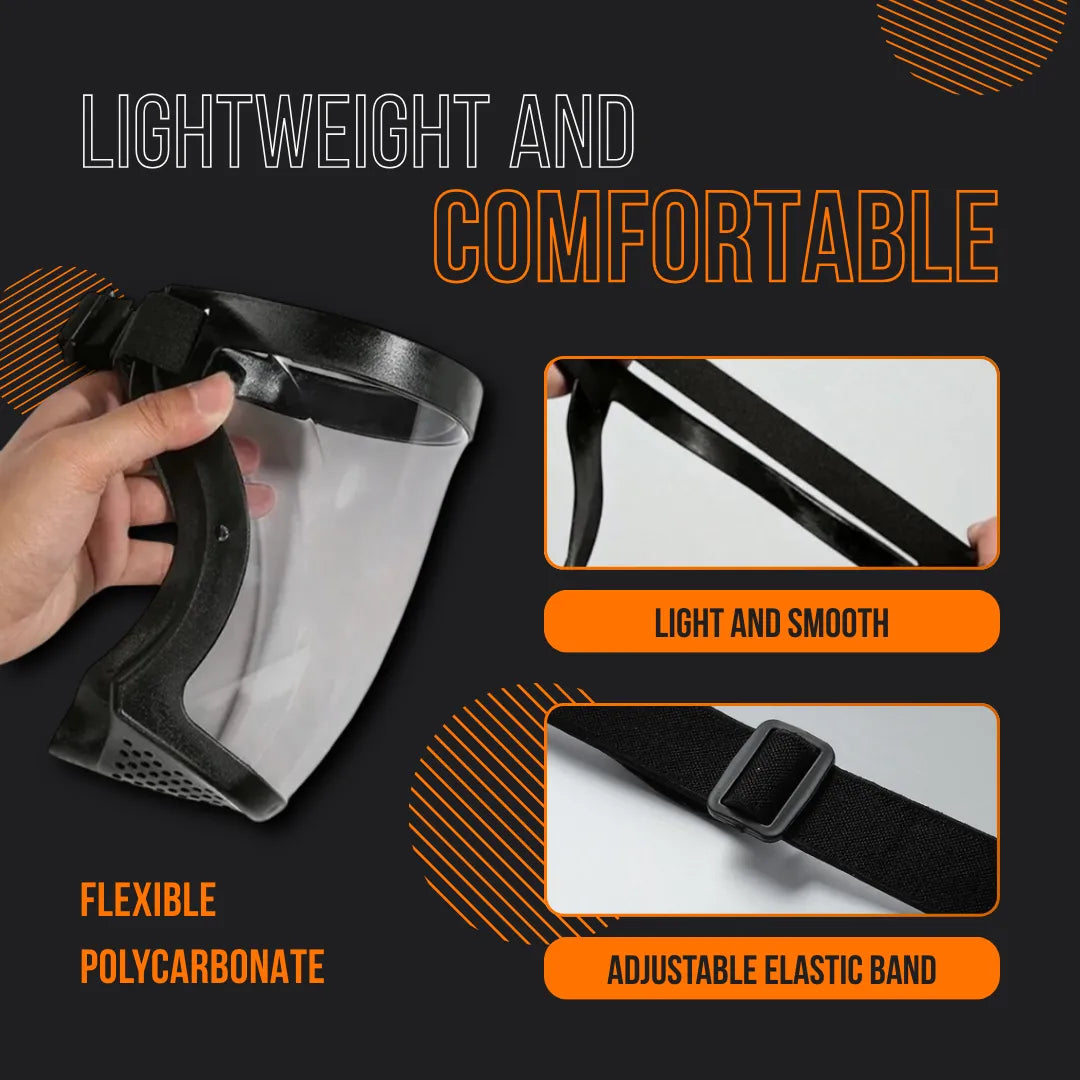 Lightweight polycarbonate face shield mask with adjustable elastic band and smooth design