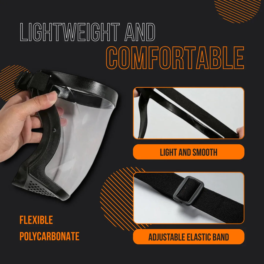 Lightweight polycarbonate face shield mask with adjustable elastic band and smooth design