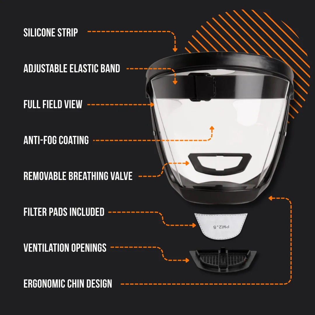 Protective face mask with silicone strip, adjustable band, anti-fog, filter, ventilation.