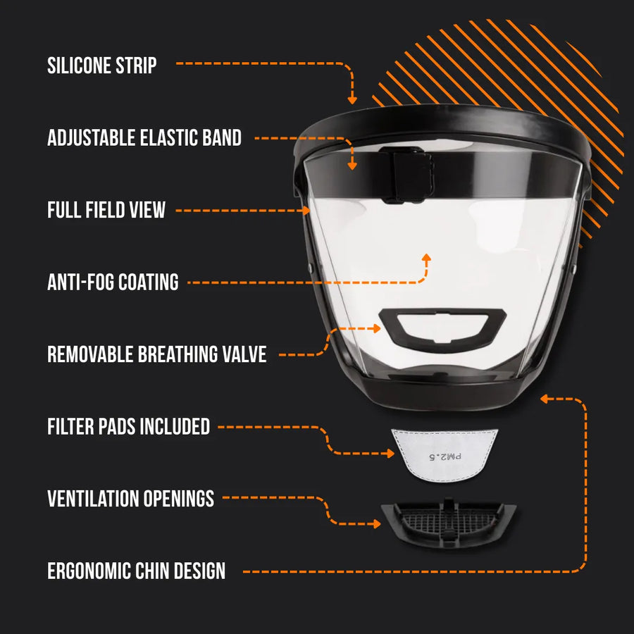 Protective face mask with silicone strip, adjustable band, anti-fog, filter, ventilation.