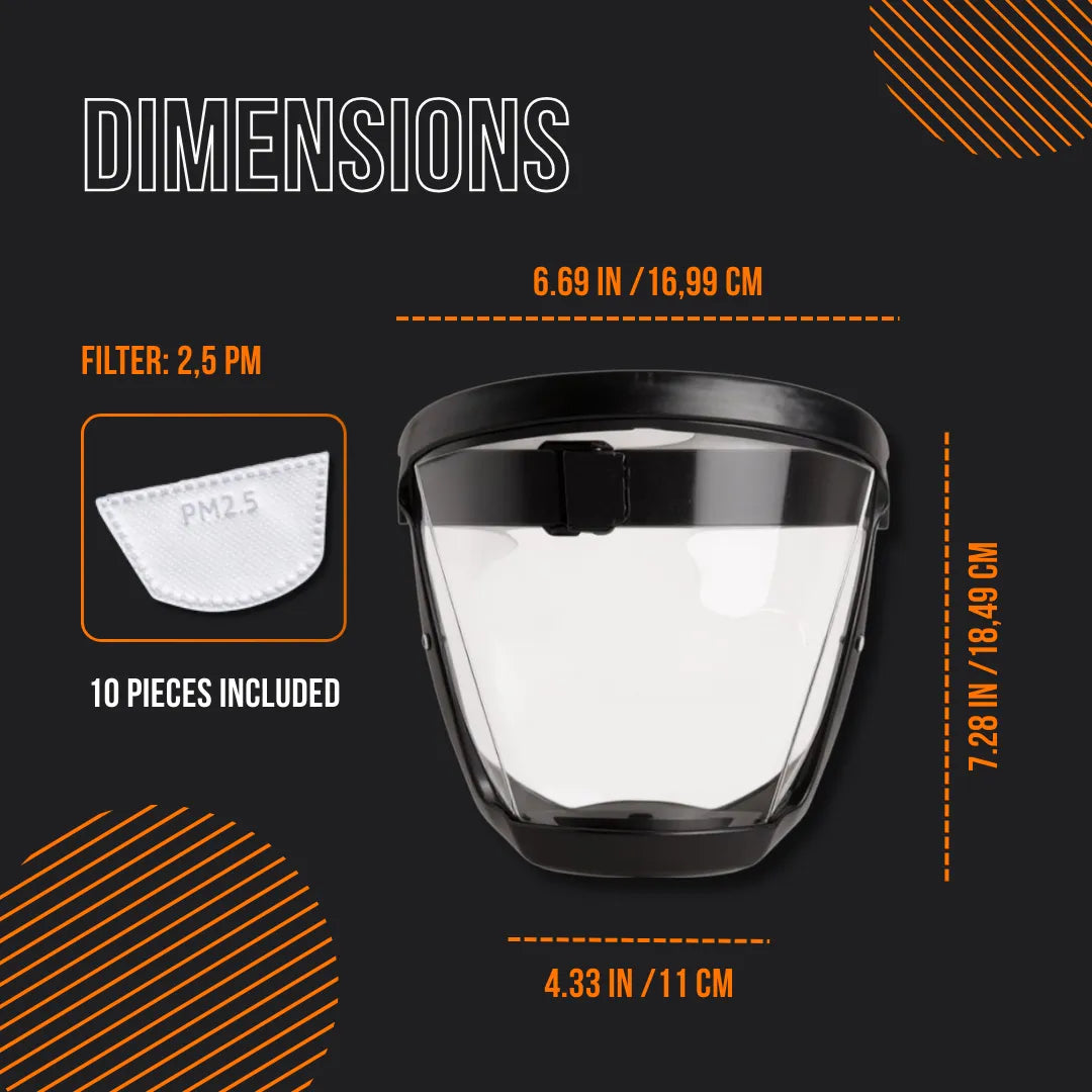Clear face shield mask with black frame, PM2.5 filters, and size dimensions labeled.
