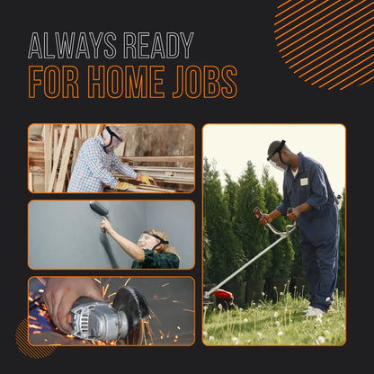 Workers wearing protective face shields doing carpentry, painting, grinding, and yard work