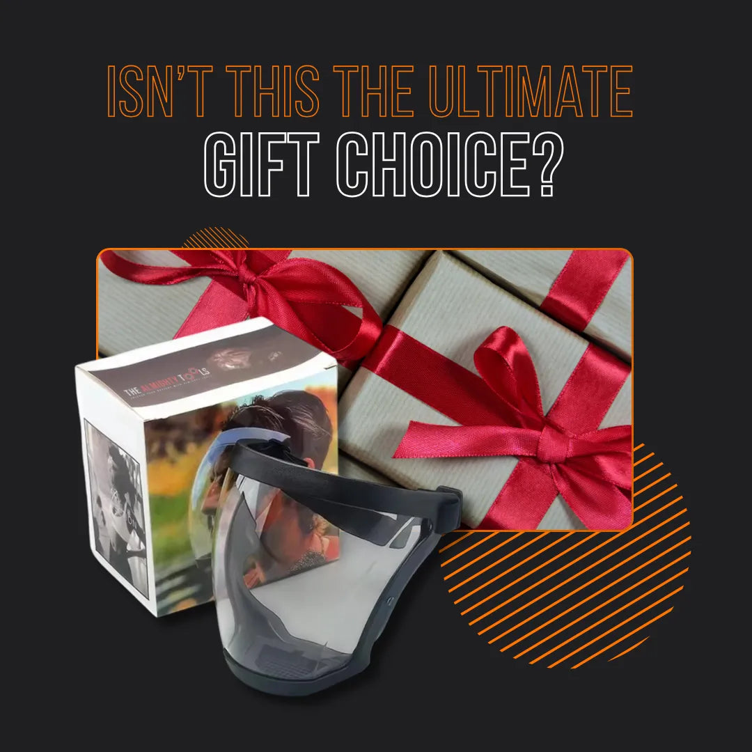 Protective face shield mask with gift box and red ribbon-wrapped presents, ultimate gift idea