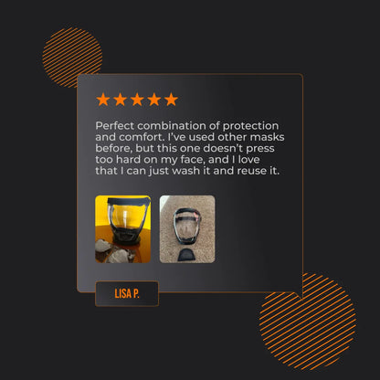 Five-star review with photos of a reusable protective face mask, black and yellow design.