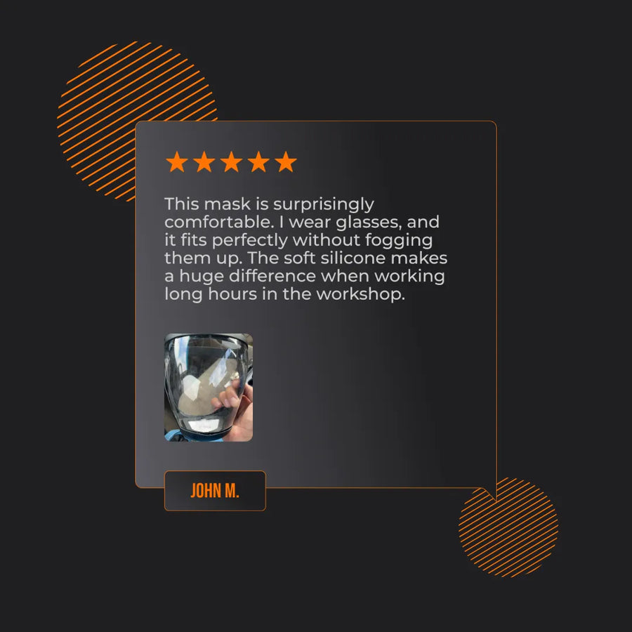 Five-star review for silicone face mask with user photo and testimonial on dark background