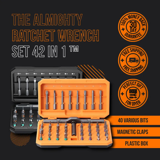 42-in-1 ratchet wrench set in orange and black box with assorted screwdriver bits
