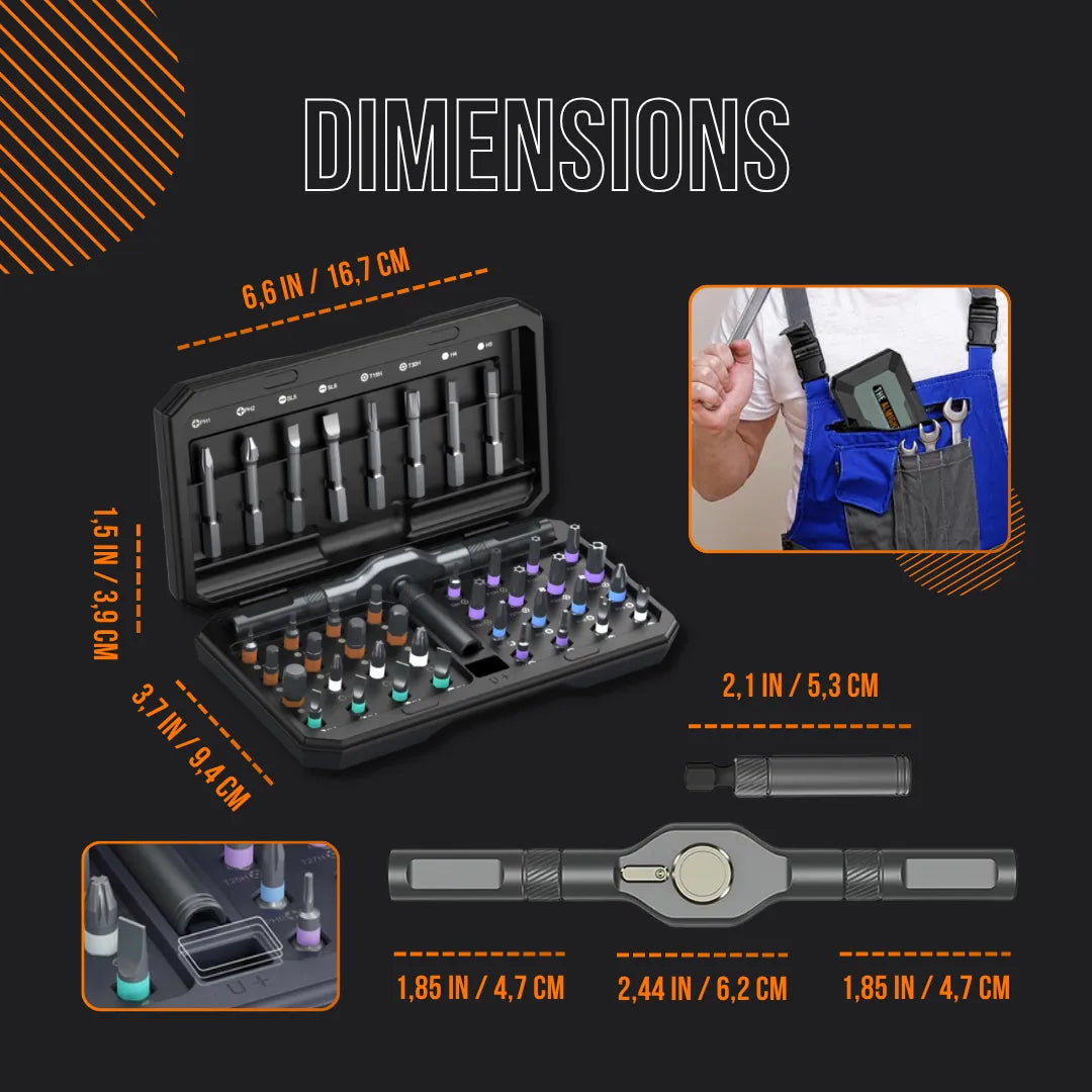 42-in-1 ratchet wrench set with bits in open black case, labeled dimensions, fits tool pouch