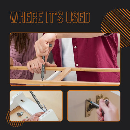 People using a ratchet wrench set to assemble furniture and tighten cabinet hinges.