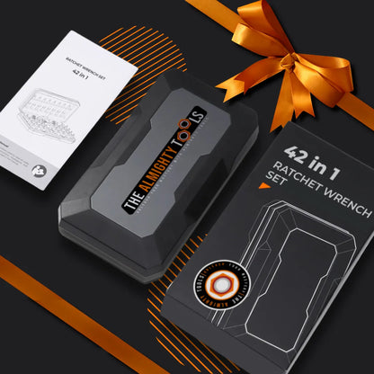42 in 1 ratchet wrench set gift box with black case and instruction manual on black background