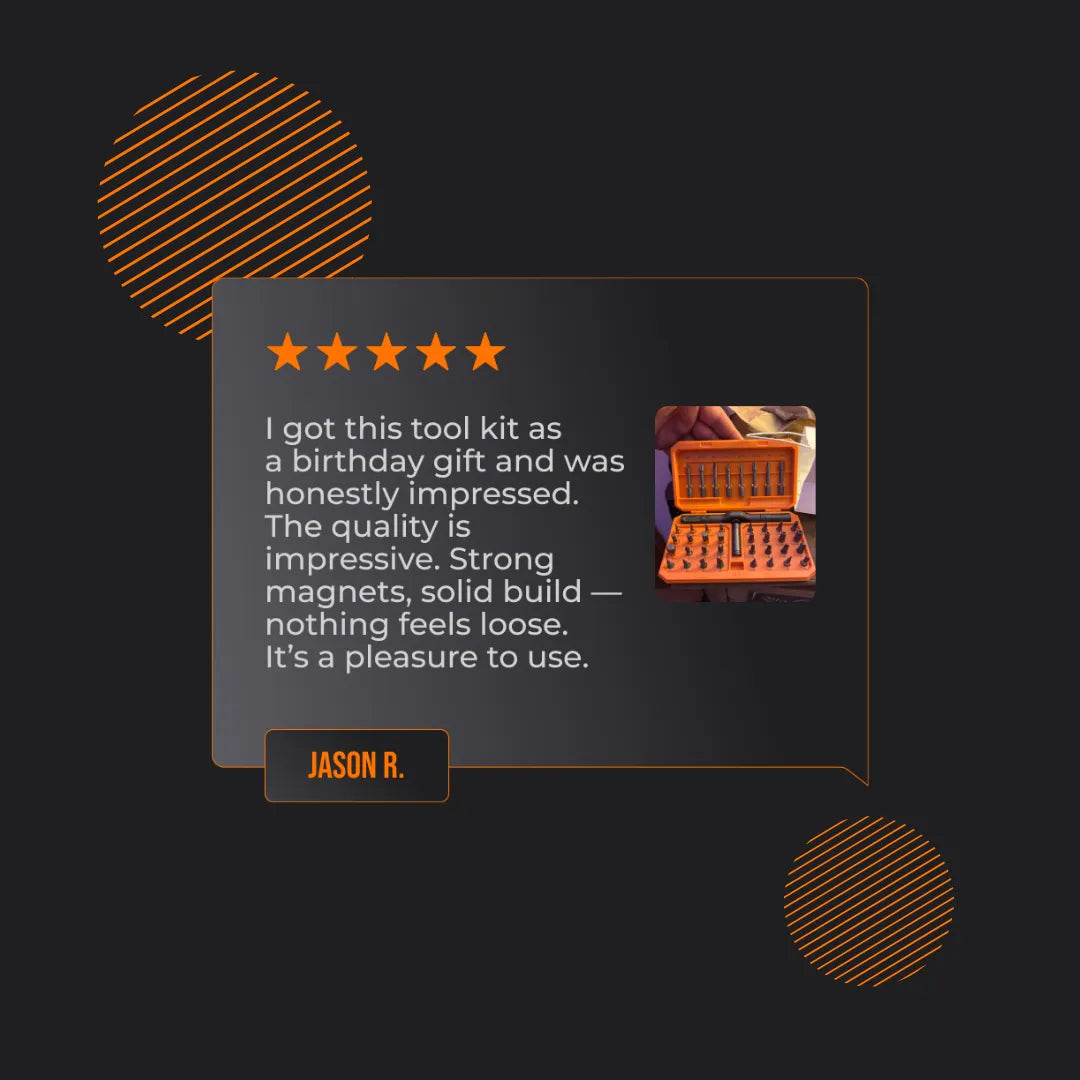 Five-star review for 42-in-1 ratchet wrench set, featuring orange tool kit in case.