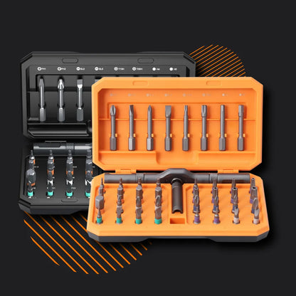 42-in-1 ratchet wrench set with assorted screwdriver bits in orange and black cases