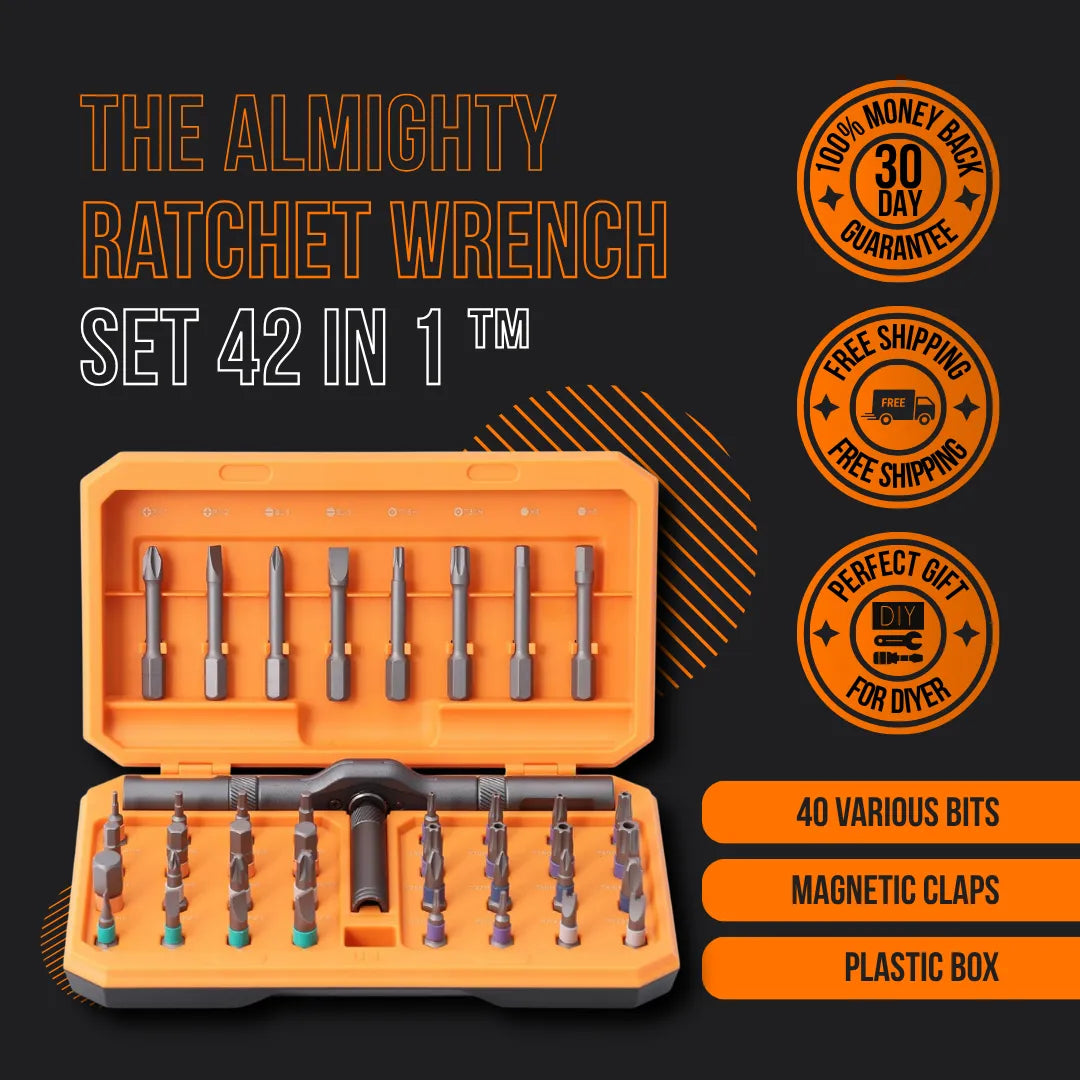 42 in 1 ratchet wrench set in orange plastic box with bits, DIY tool kit, money back guarantee