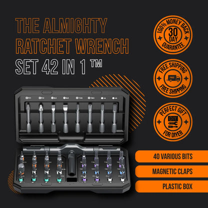 42-in-1 ratchet wrench set in plastic case with various bits, magnetic clasps, and tool labels