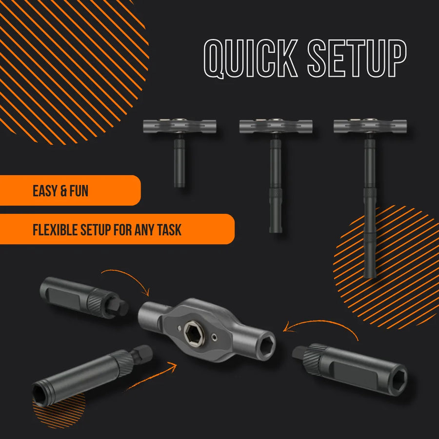 Quick setup ratchet wrench set with interchangeable handles on black background, tool assembly shown.