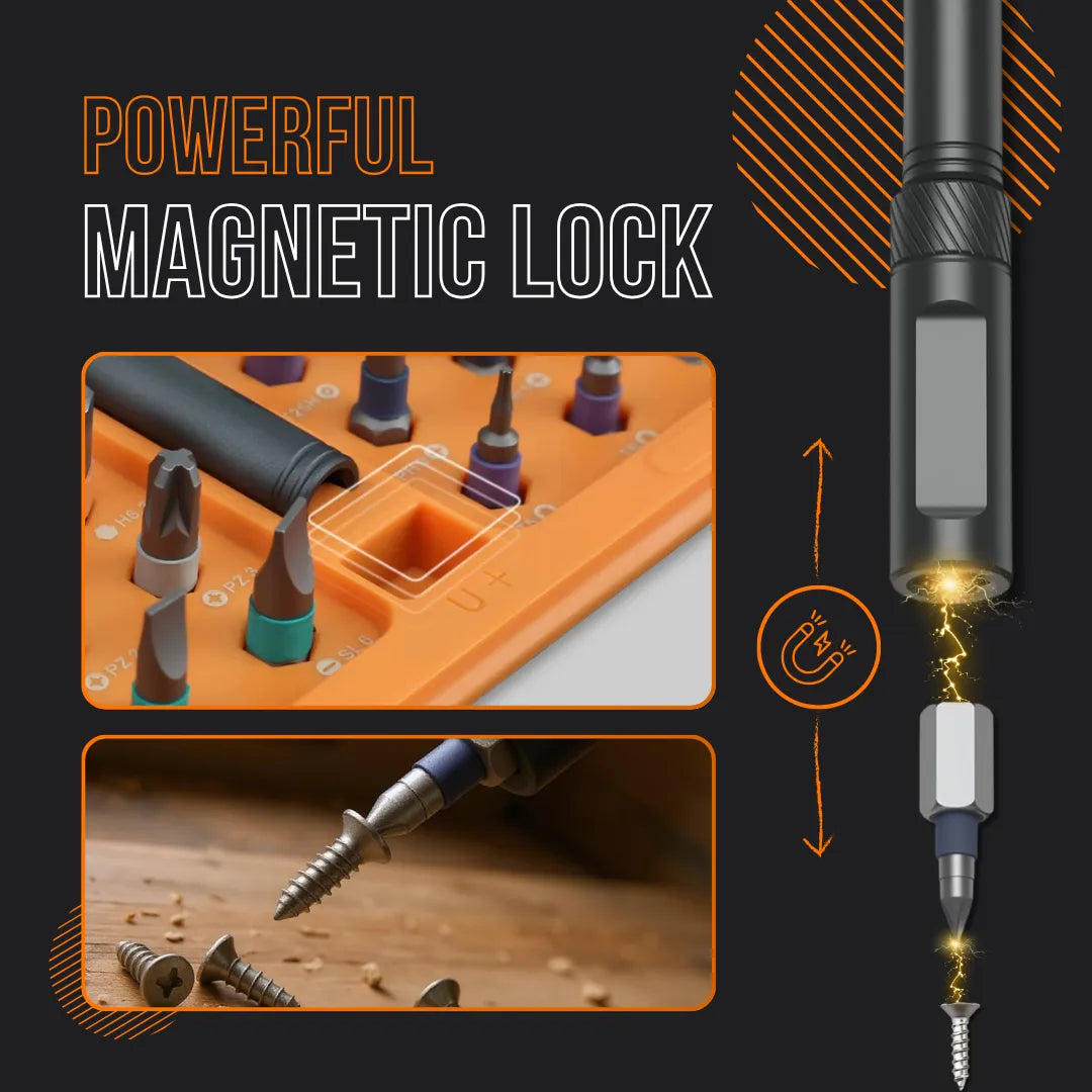 Ratchet wrench set with magnetic lock, multiple screwdriver bits in orange case.