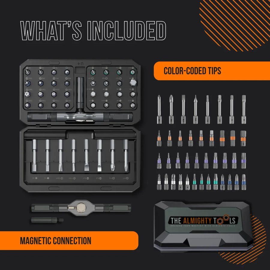 42-in-1 ratchet wrench set with color-coded screwdriver bits, magnetic connection, hard case