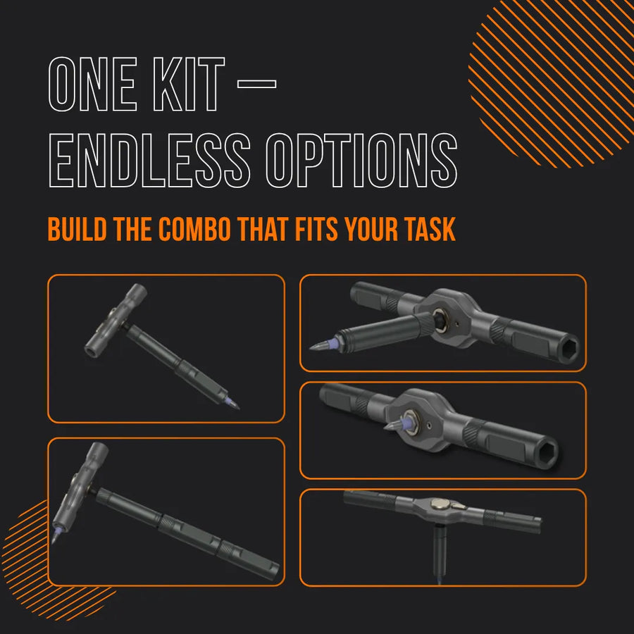 42-in-1 ratchet wrench set with interchangeable tool heads, modular handle design, black background