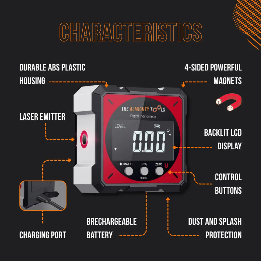 Rechargeable digital level with LCD display, laser emitter, magnets, and charging port