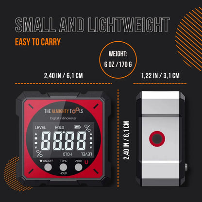 Small lightweight rechargeable digital level tool, 6.1 x 6.1 x 3.1 cm, with LCD display.
