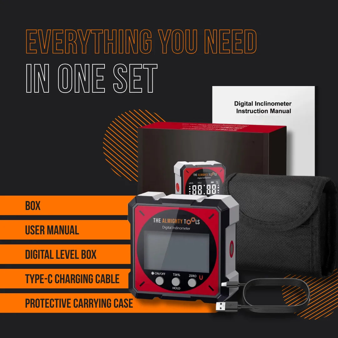 Rechargeable digital level box set with case, user manual, and USB charging cable.