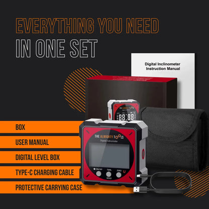 Rechargeable digital level box set with case, user manual, and USB charging cable.