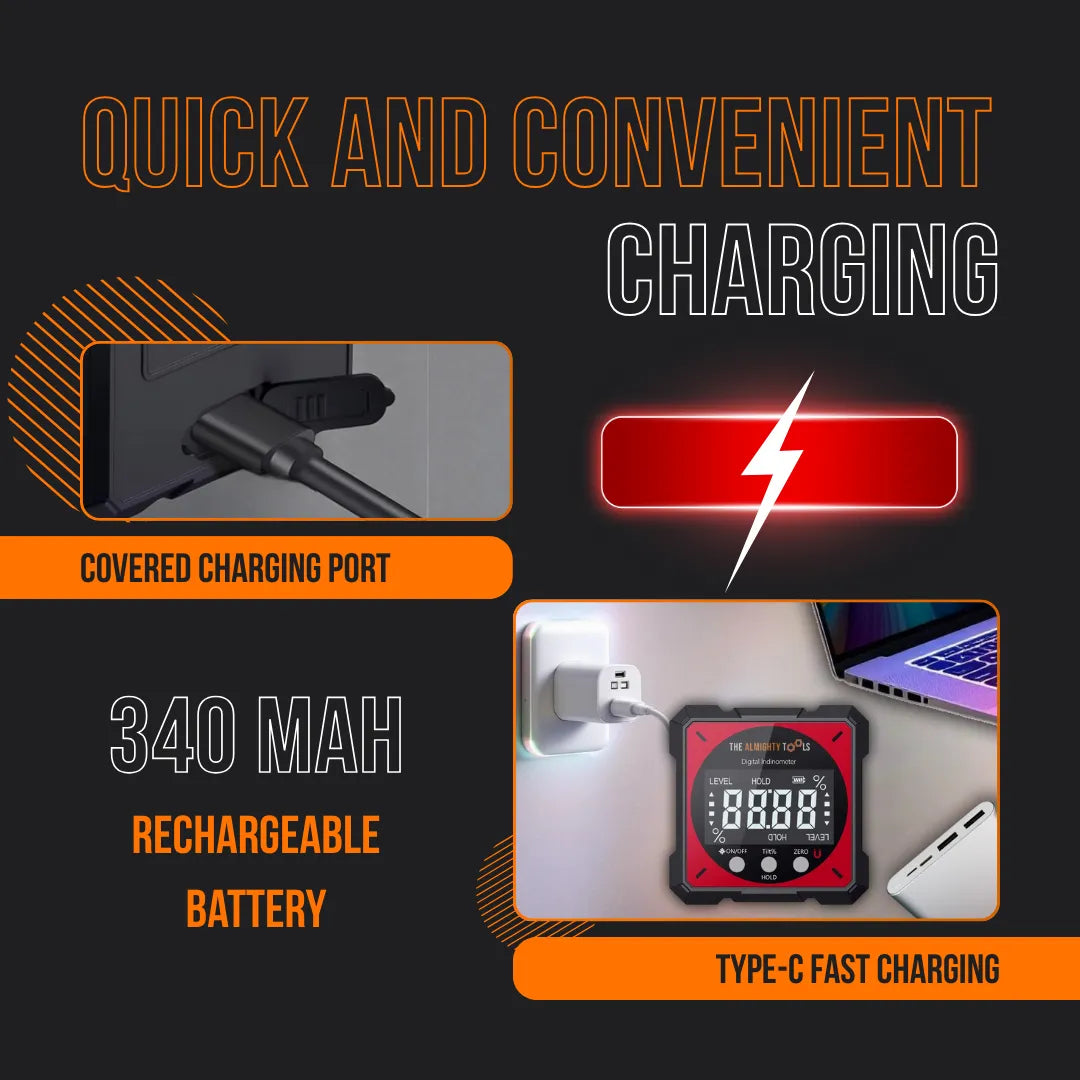 Rechargeable digital level with USB-C fast charging, covered port, 340mAh battery