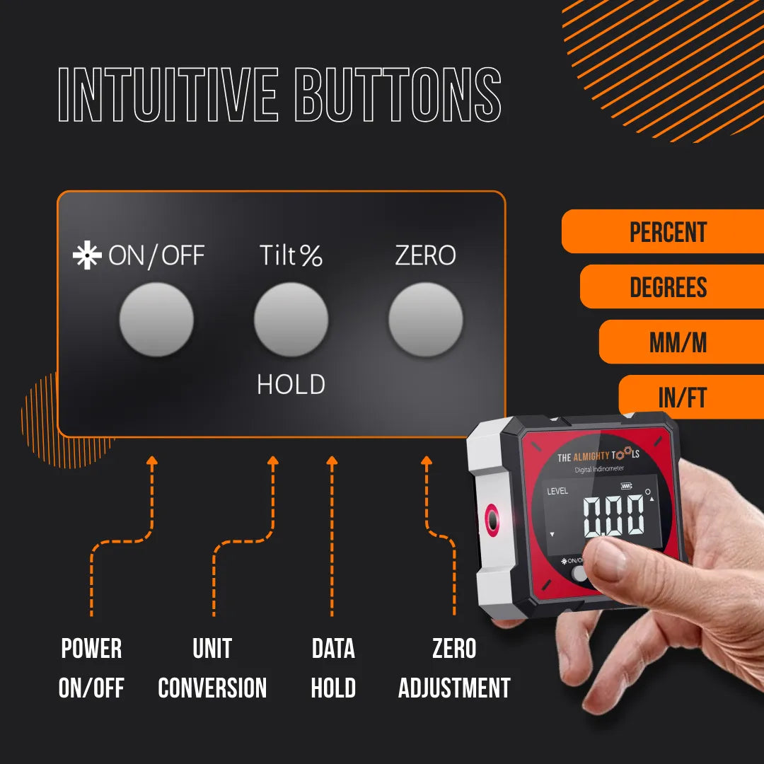 Hand holding rechargeable digital level with intuitive buttons and unit conversion display