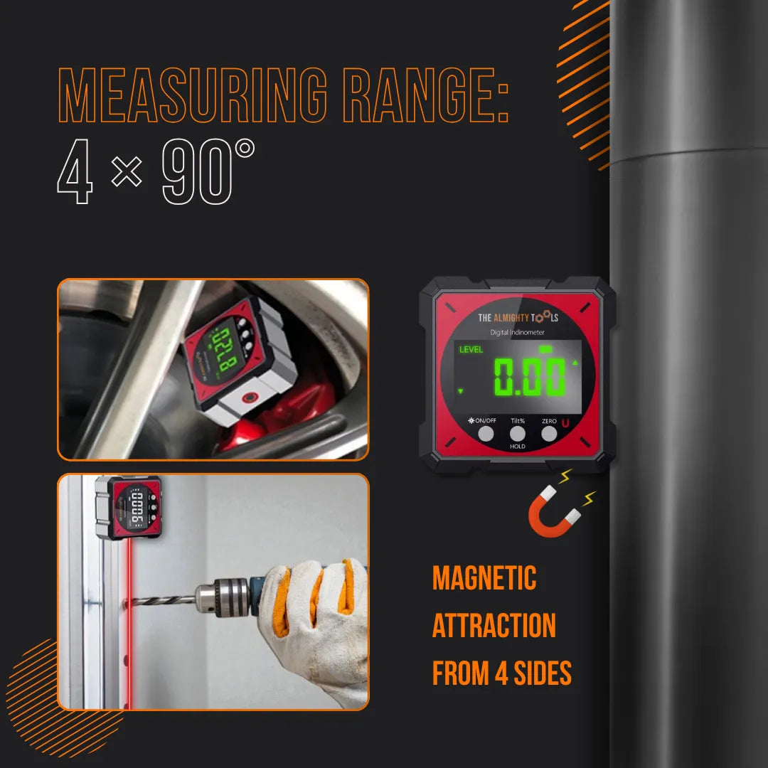 Rechargeable digital level with LED display, magnetic sides, and measuring range 4×90°