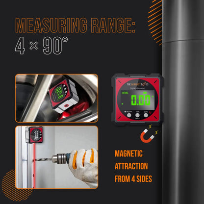 Rechargeable digital level with LED display, magnetic sides, and measuring range 4×90°