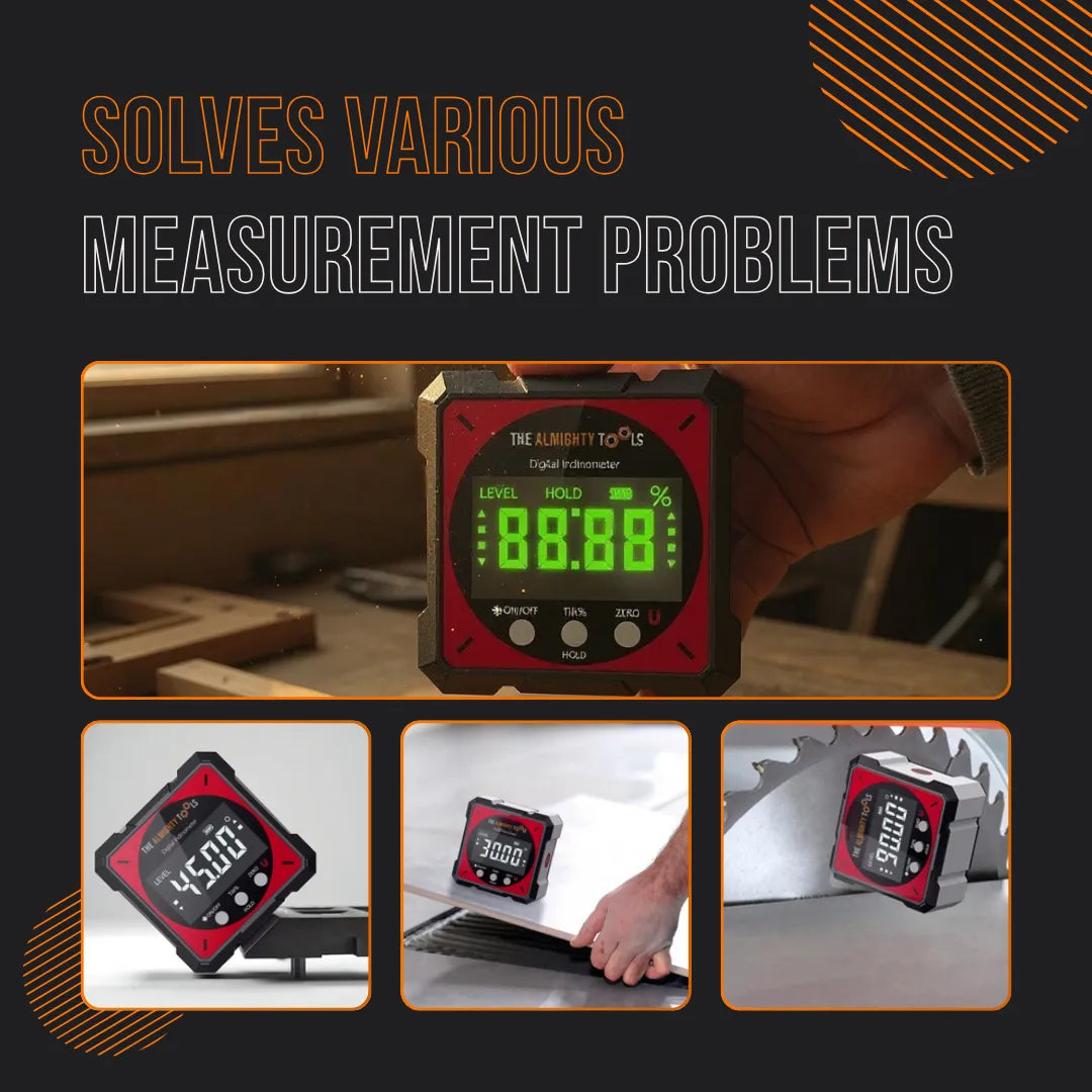 Rechargeable digital level tool for precise angle measurement, shown in woodworking and saw blade settings.