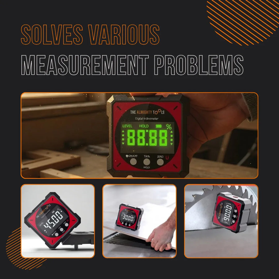 Rechargeable digital level tool for precise angle measurement, shown in woodworking and saw blade settings.