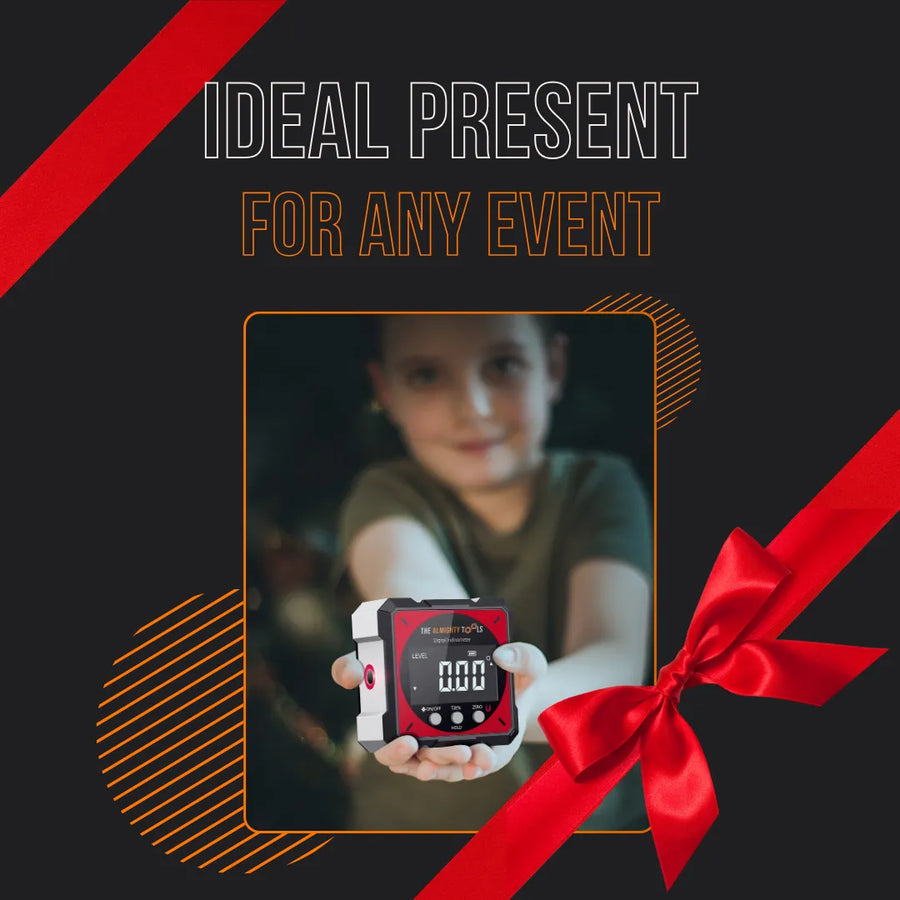Child holding The Almighty Rechargeable Digital Level gift, red ribbon, holiday present