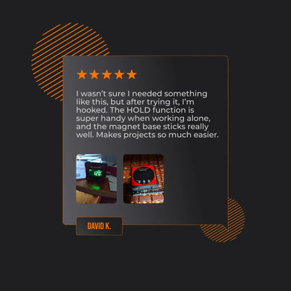 Customer review with images of rechargeable digital level, 5-star rating, and testimonial text.