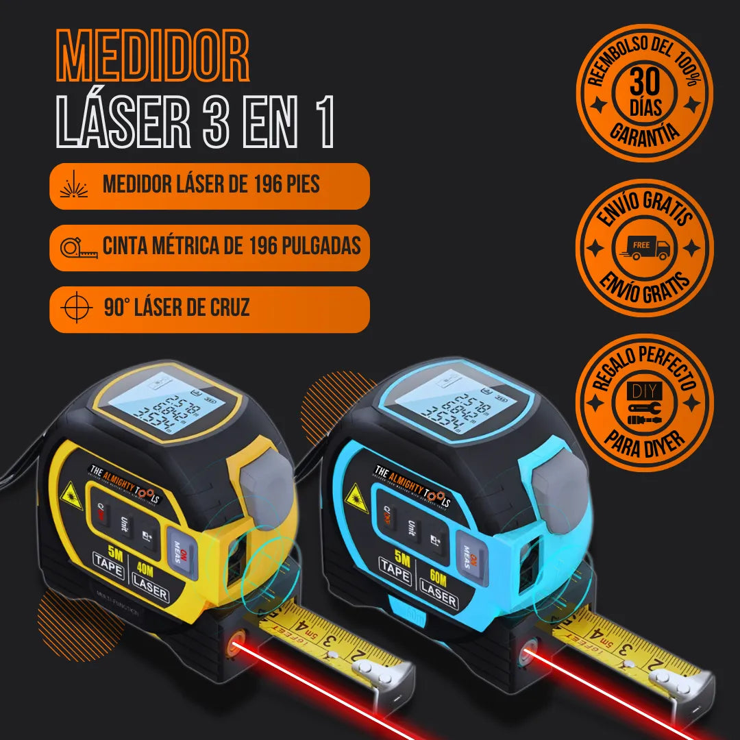 3-in-1 laser tape measure with digital display, yellow and blue models, measurement features highlighted.