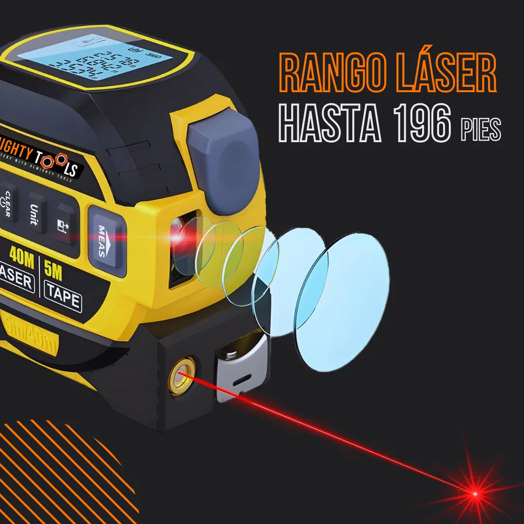 Digital laser tape measure with display and laser beam, 196 feet range, on black background