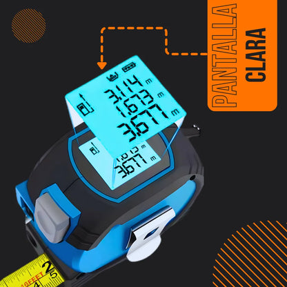 Digital tape measure with clear LCD screen and blue casing, highlighted by 'Pantalla Clara' text