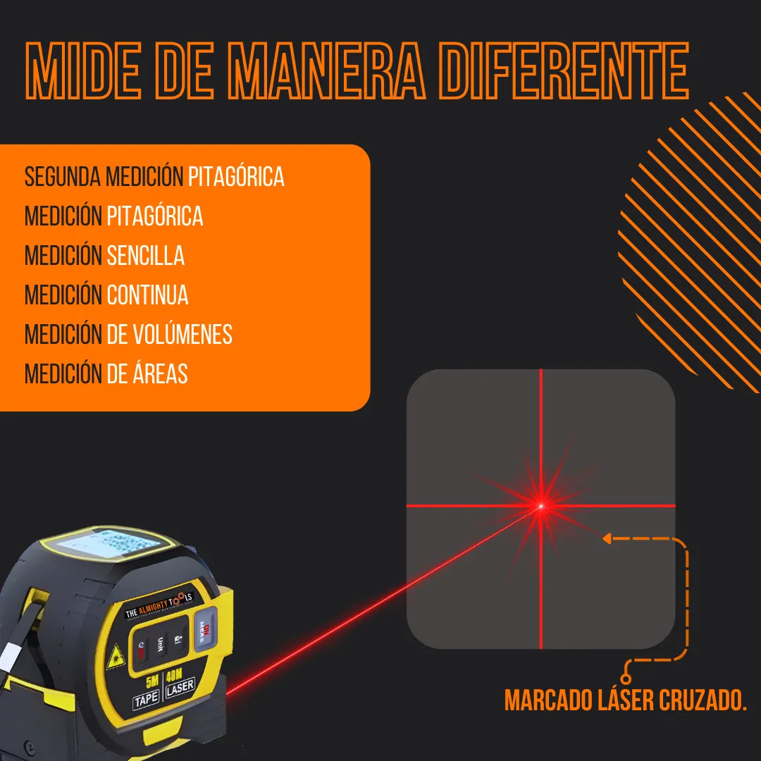 Laser tape measure with cross laser marking and measurement modes in Spanish on black background