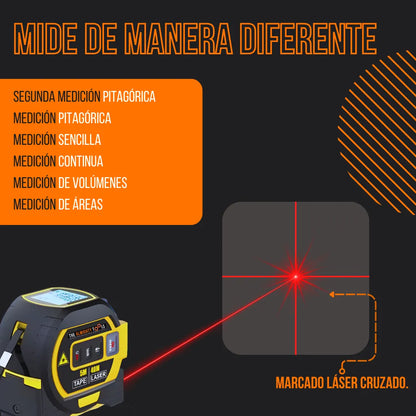 Laser tape measure with cross laser marking and measurement modes in Spanish on black background
