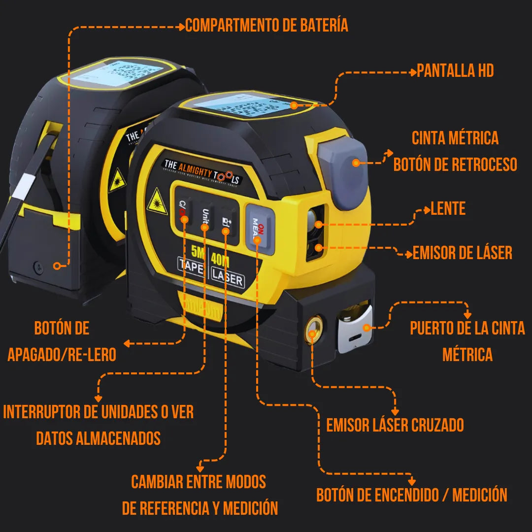 Dual electronic laser tape measures with labeled parts, yellow-black, HD screen, metric tools