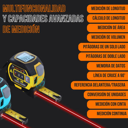 Digital laser tape measure tool with LED screen and advanced measurement features list in Spanish