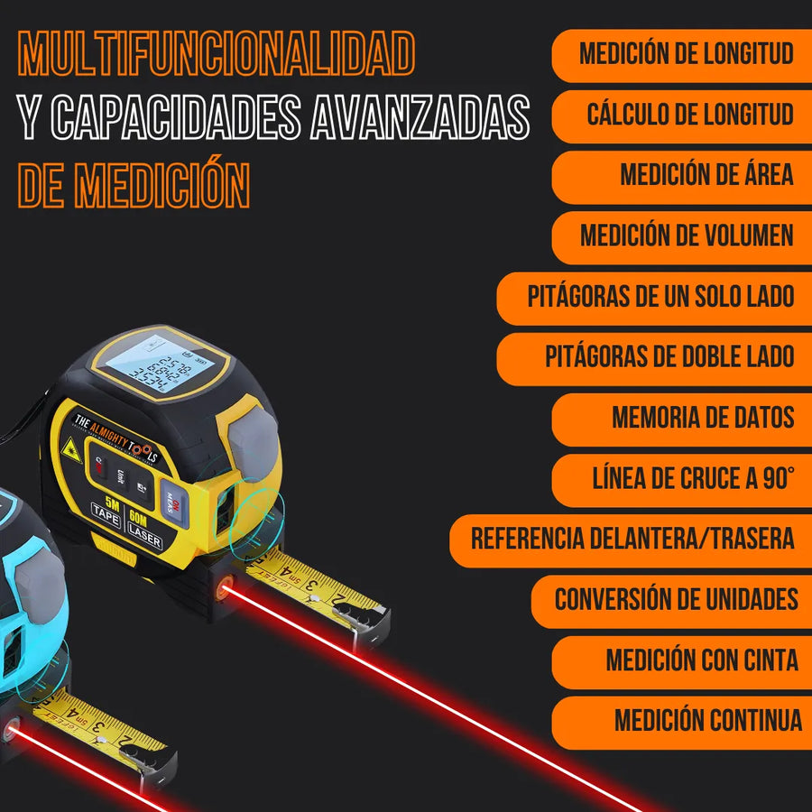 Digital laser tape measure tool with LED screen and advanced measurement features list in Spanish