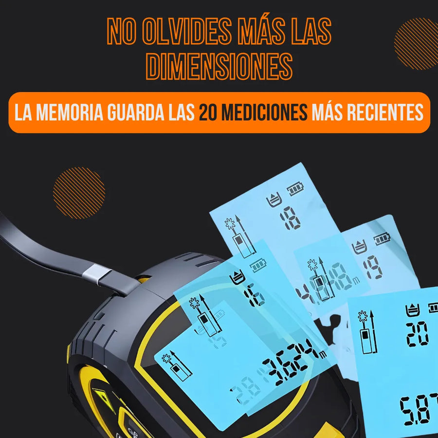 Digital tape measure with LCD screens showing saved measurements, black and yellow design