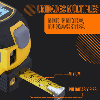 Yellow and black tape measure showing metric and imperial units with Spanish instructions.