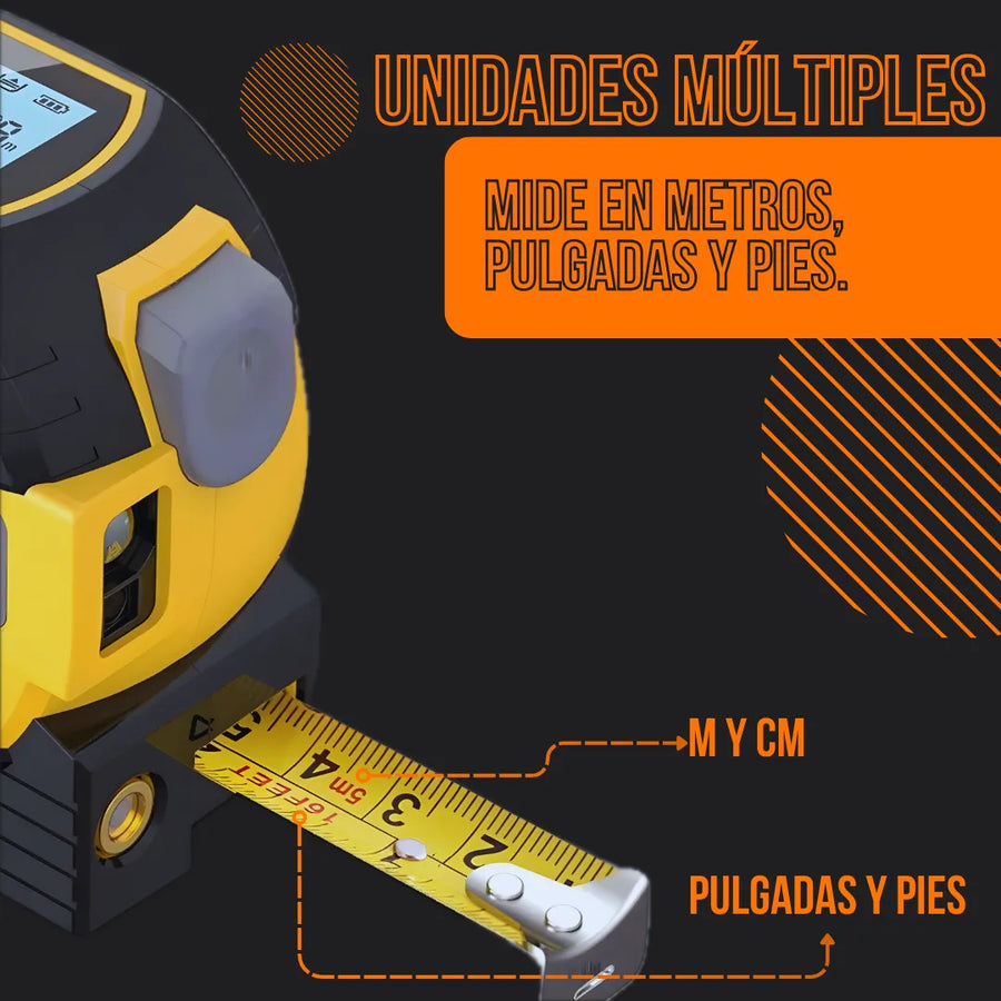 Yellow and black tape measure showing metric and imperial units with Spanish instructions.