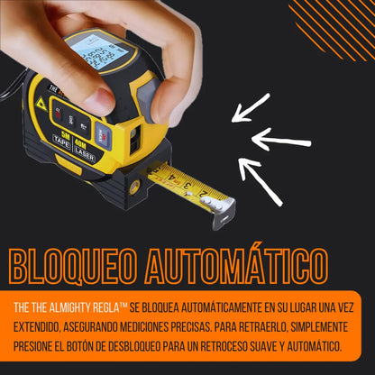 Hand holding digital laser tape measure with extended tape, showing automatic lock feature