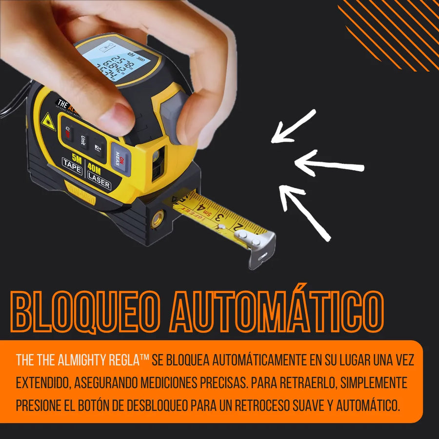 Hand holding digital laser tape measure with extended tape, showing automatic lock feature