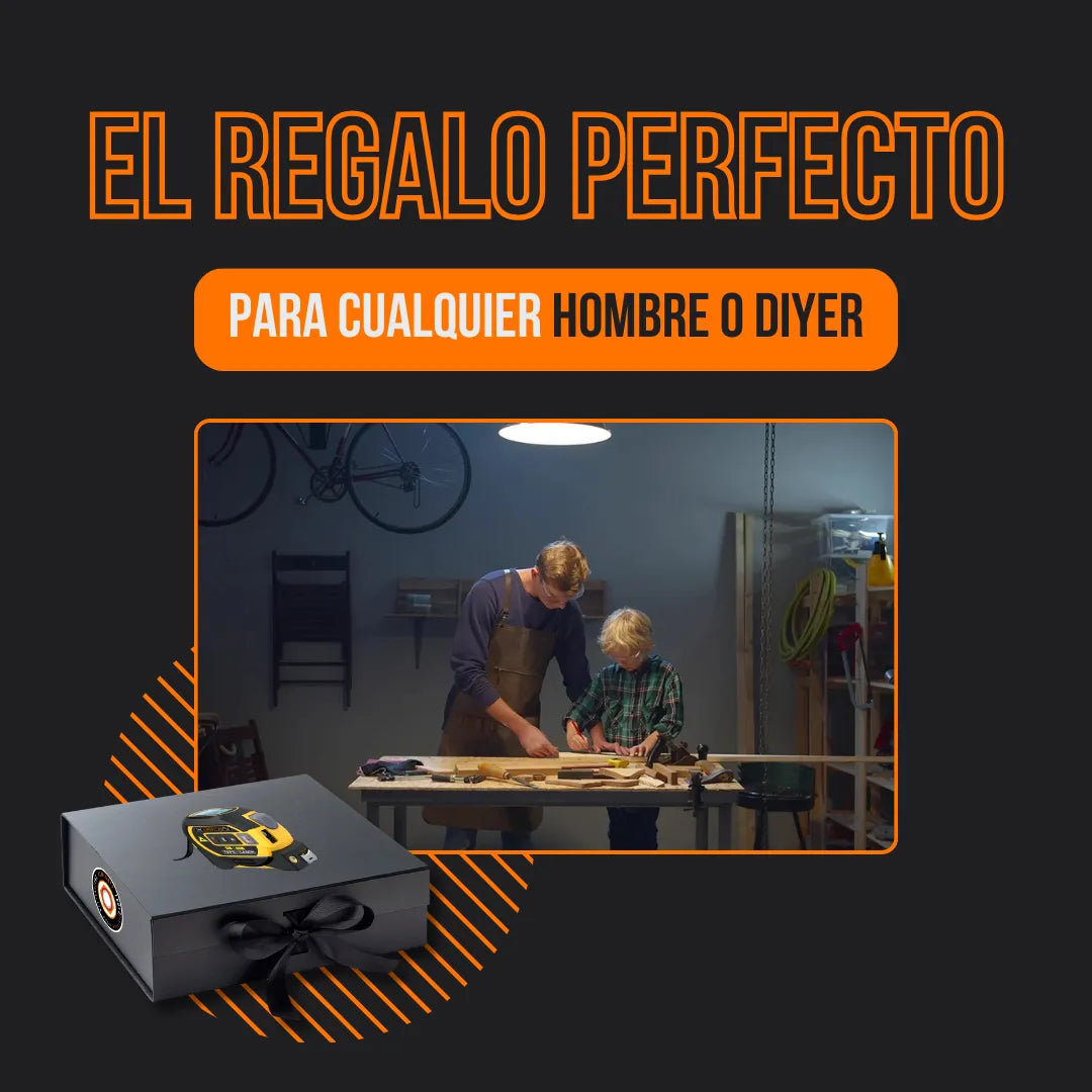 Father and son woodworking in workshop, gift box with measuring tape, perfect gift for DIYers