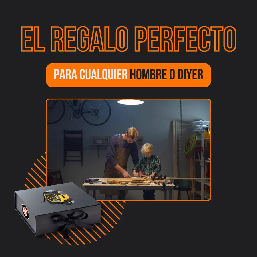 Father and son woodworking in workshop, gift box with measuring tape, perfect gift for DIYers