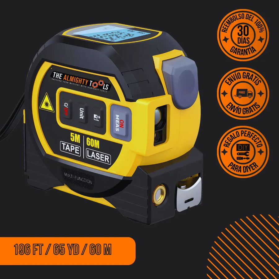 Digital laser measuring tape tool with LCD screen, yellow-black body, DIY guarantee icons
